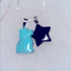 Boho Hippie Turquoise Dog and Onyx Star Sterling Silver Necklace 16”